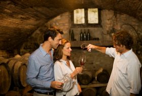 People tasting wine in cellar